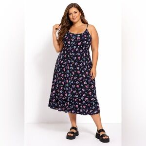 HOT TOPIC Black Rayon Midi Dress Pink Blue Crystals Novelty Print Plus Size 2